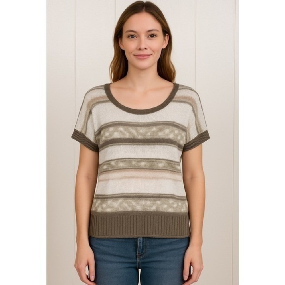 DKNY Striped Scoop Neck Knit Pullover Sweater Tan Neutrals Womens Small Casual
